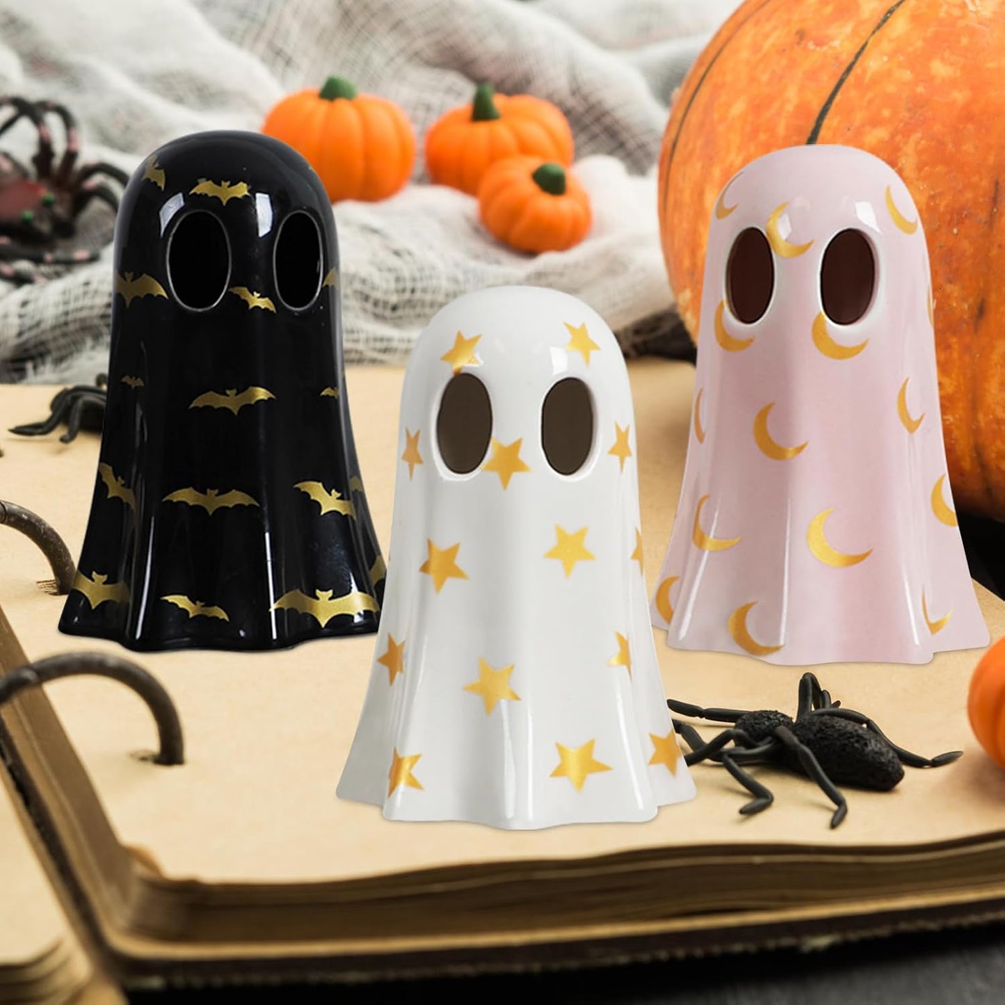 HOTROVEL Ceramic Ghost with Witch Hat Halloween Decorations