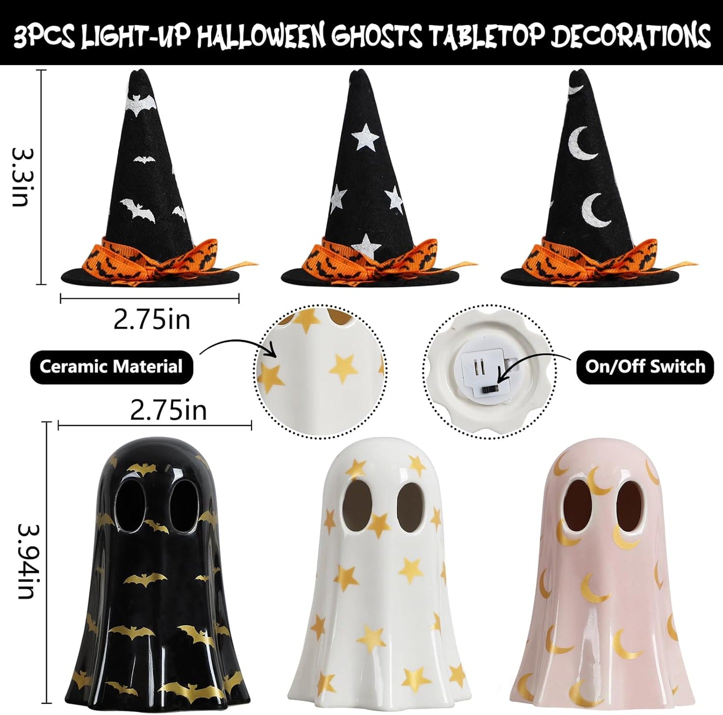 HOTROVEL Ceramic Ghost with Witch Hat Halloween Decorations