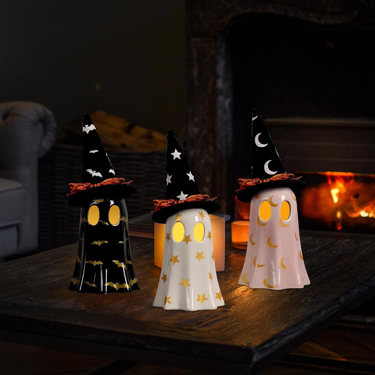 HOTROVEL Ceramic Ghost with Witch Hat Halloween Decorations