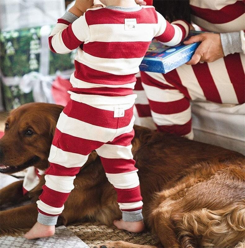 Christmas striped round collar baby pajamas set (with Pet Dog Clothes)