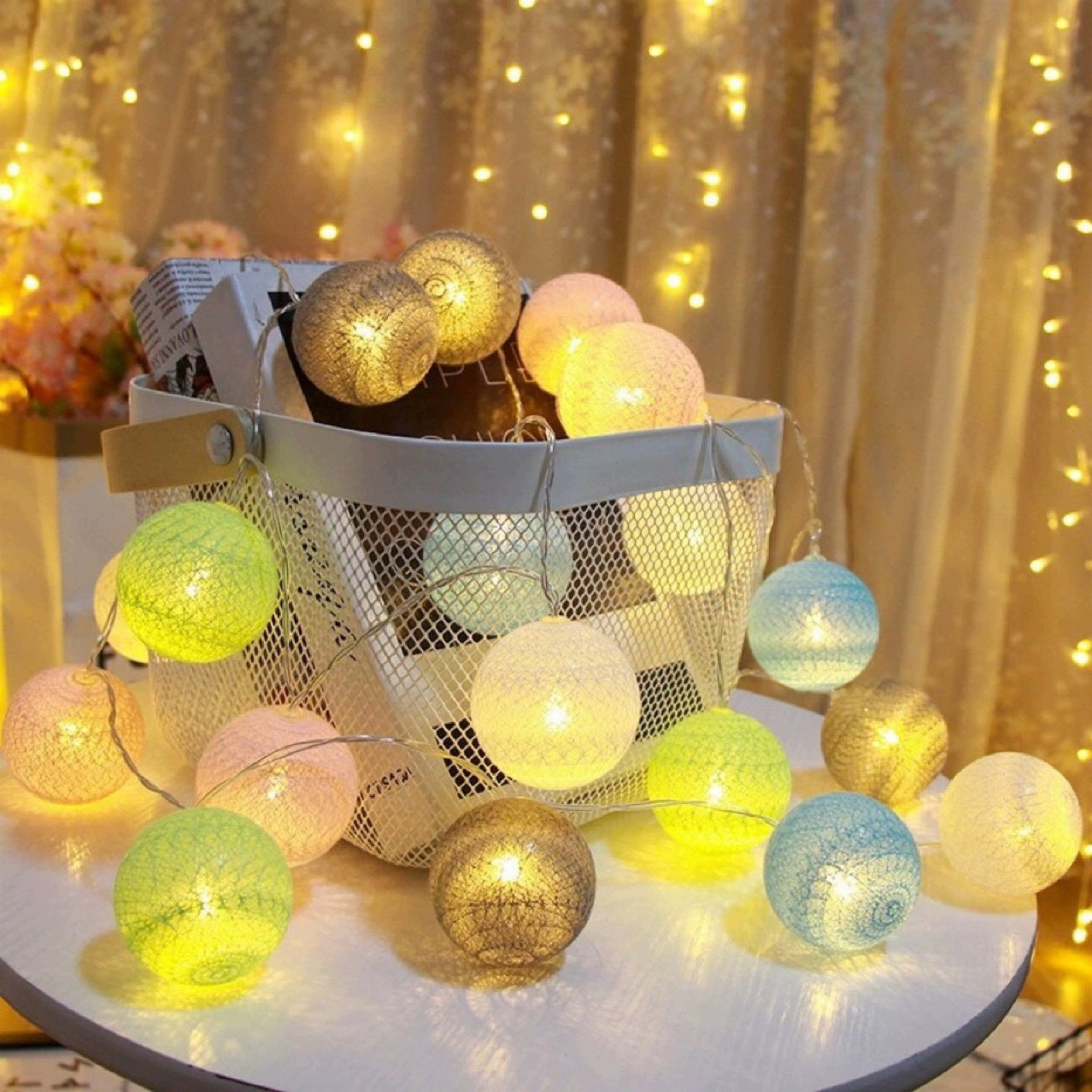 Christmas Cotton Ball Garland String Lights