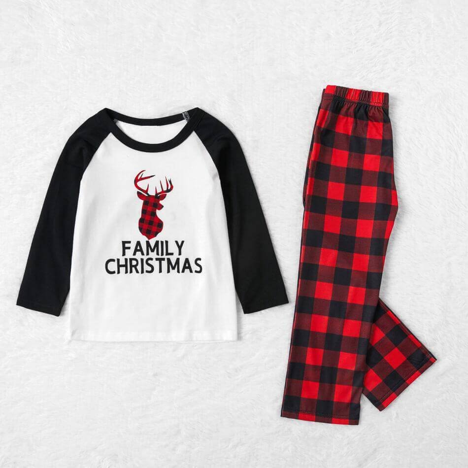 Family Matching Christmas Letter Print Buffalo Plaid Reindeer Pajamas Sets (with Pet Dog Clothes)