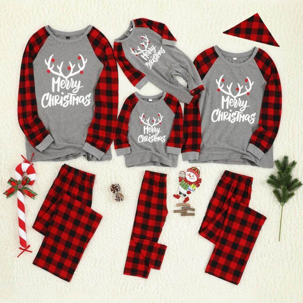 Merry Christmas Antler Letter Print Buffalo Plaid Design Family Matching Pajamas Sets (with Pet Dog Clothes)