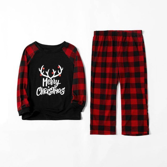 Merry Christmas Antler Contrast top and Buffalo Plaid Pants Family Matching Pajamas Set (with Pet Dog Clothes)
