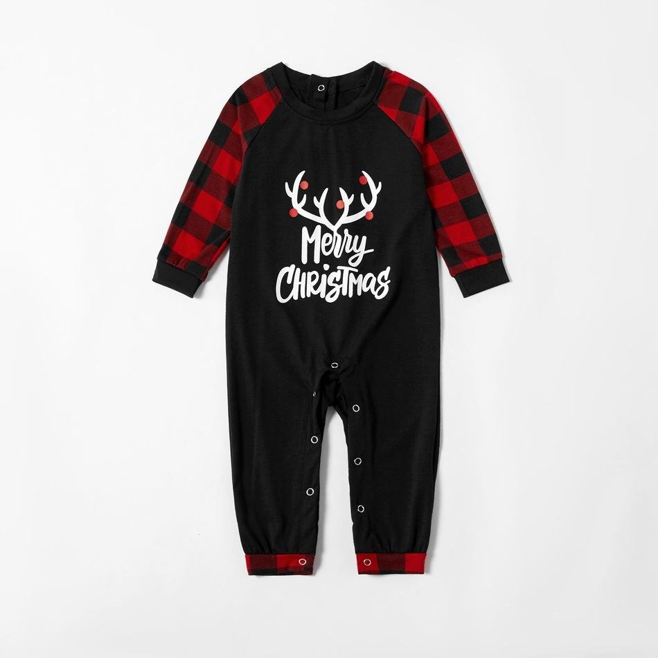 Merry Christmas Antler Contrast top and Buffalo Plaid Pants Family Matching Pajamas Set (with Pet Dog Clothes)