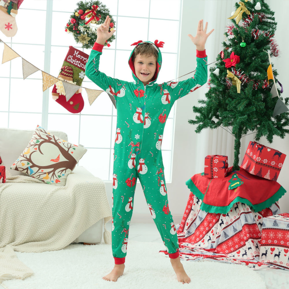 Christmas Snowman Green Parent-child One-piece Pajama Set 