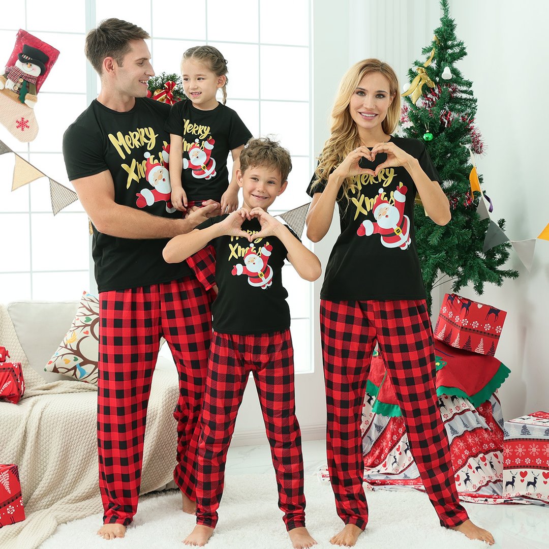 Christmas Print Black Short-sleeve Parent-child Pajamas Set