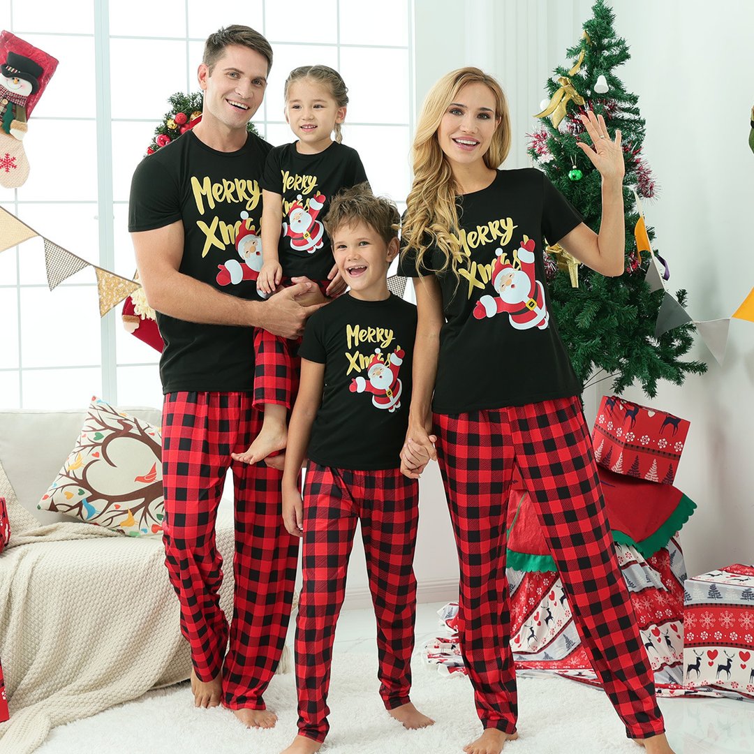 Christmas Print Black Short-sleeve Parent-child Pajamas Set