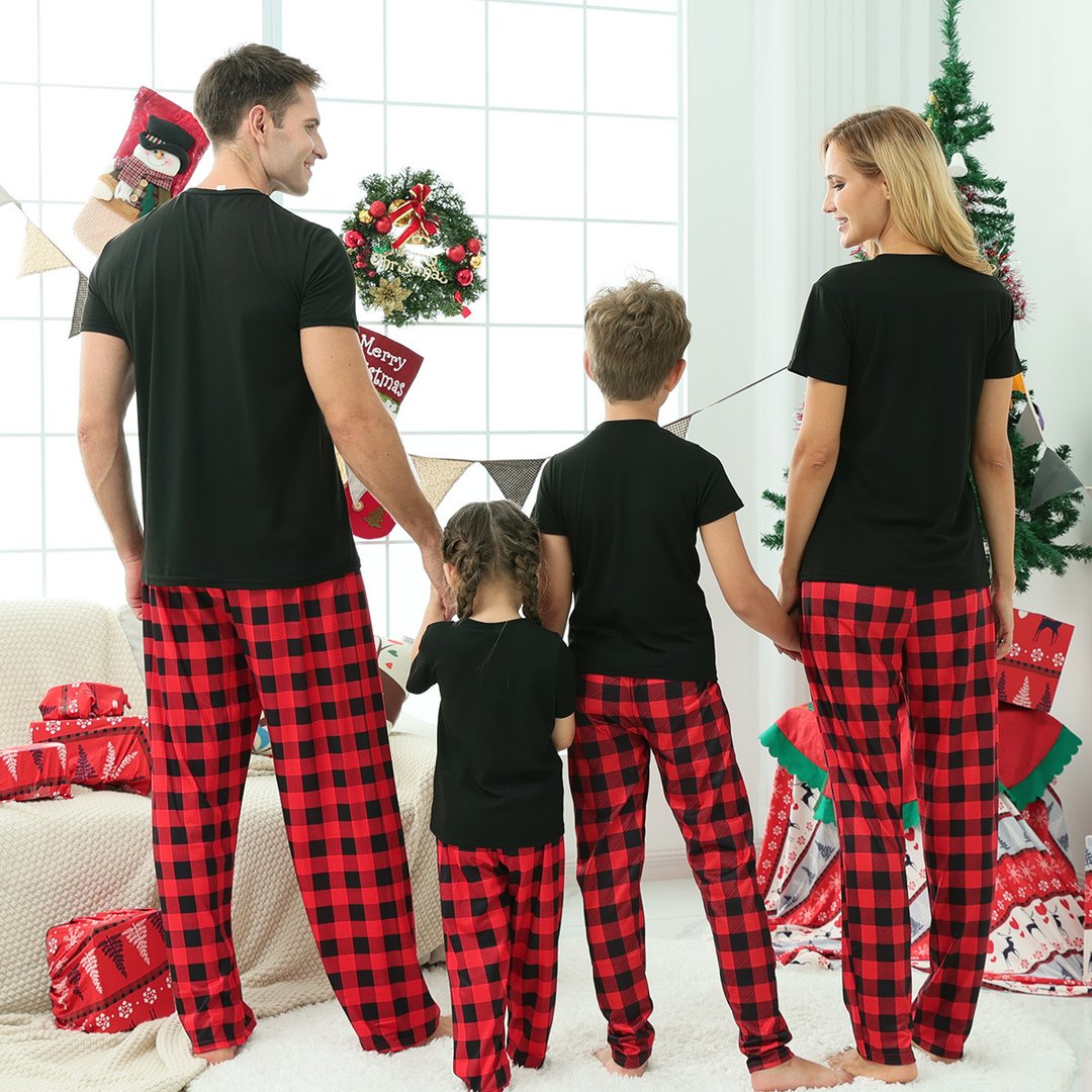 Christmas Print Black Short-sleeve Parent-child Pajamas Set