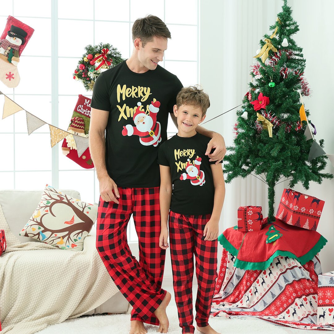 Christmas Print Black Short-sleeve Parent-child Pajamas Set