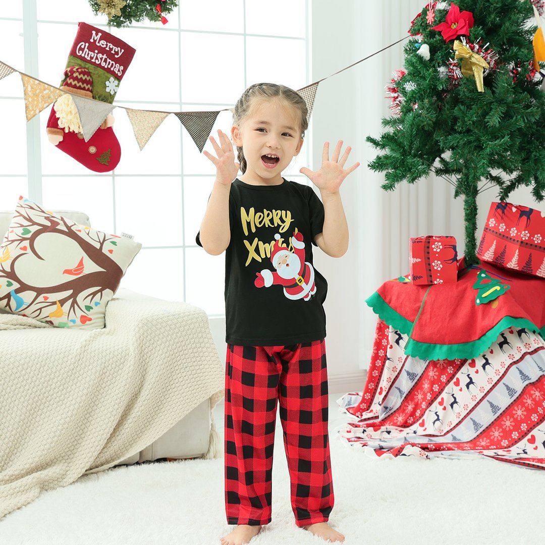 Christmas Print Black Short-sleeve Parent-child Pajamas Set