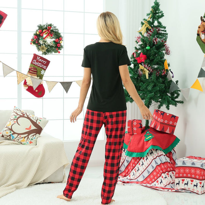 Christmas Print Black Short-sleeve Parent-child Pajamas Set