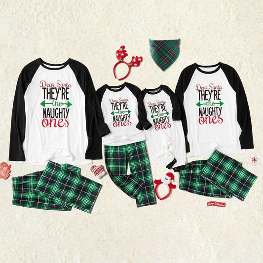 Christmas Letter Contrast Top and Buffalo Plaid Pants Family Matching Pajamas Sets (with Pet Dog Clothes)