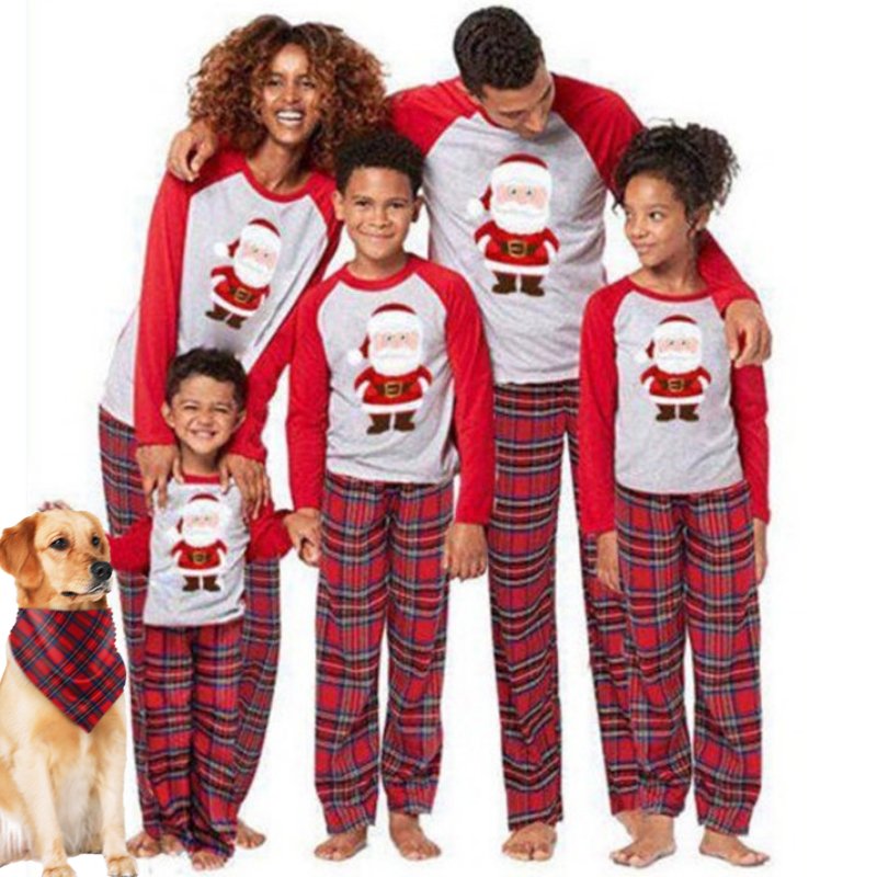 Santa Claus print pajama suit with round collar and plaid (with Pet Dog Clothes)