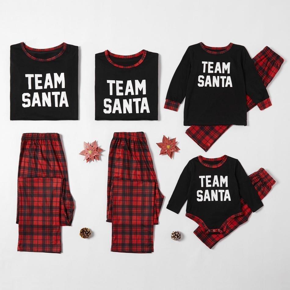 Christmas Team Santa Letter Print Buffalo Plaid Family Matching Pajamas Sets (with Pet Dog Clothes)