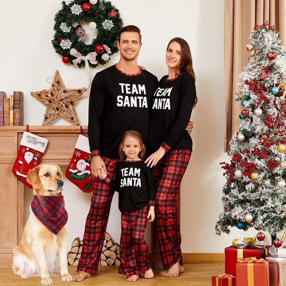 Christmas Team Santa Letter Print Buffalo Plaid Family Matching Pajamas Sets (with Pet Dog Clothes)