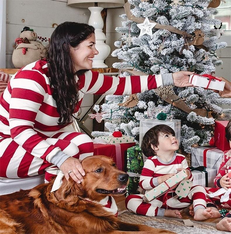 Christmas striped round collar baby pajamas set (with Pet Dog Clothes)